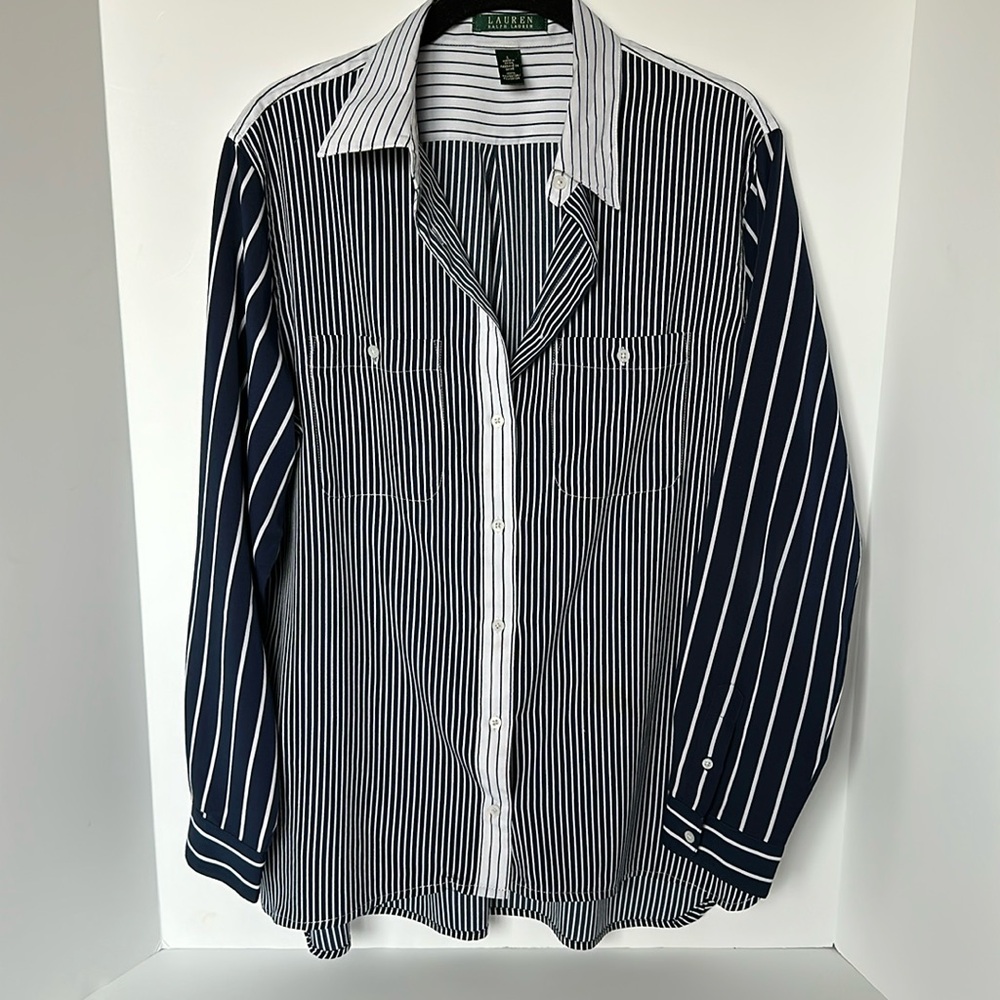 Lauren Ralph Lauren Vertical Stripe Long Sleeve Button Front Blouse Navy & White
